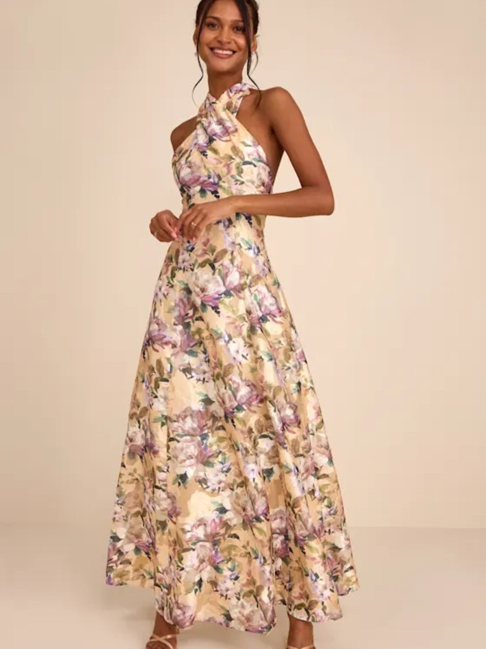 Lulus Samana Yellow Floral Halter Dress